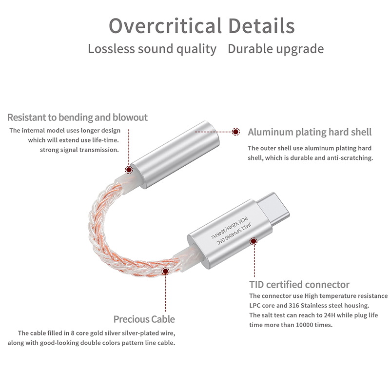 JCALLY JM11 Type C To 3.5mm 8 Core Gold Silver Cable DAC Dongle