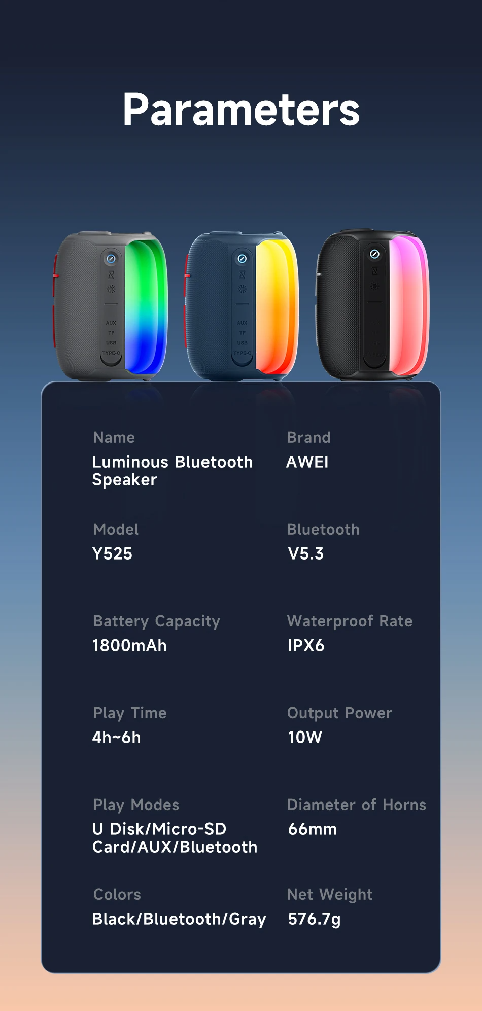 Awei Y525 Bluetooth Speaker RGB Light