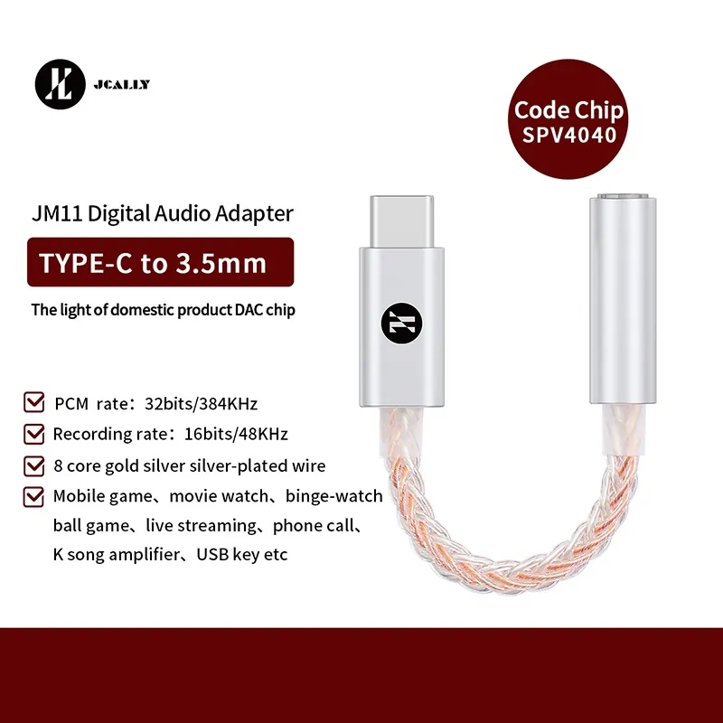 JCALLY JM11 Type C To 3.5mm 8 Core Gold Silver Cable DAC Dongle