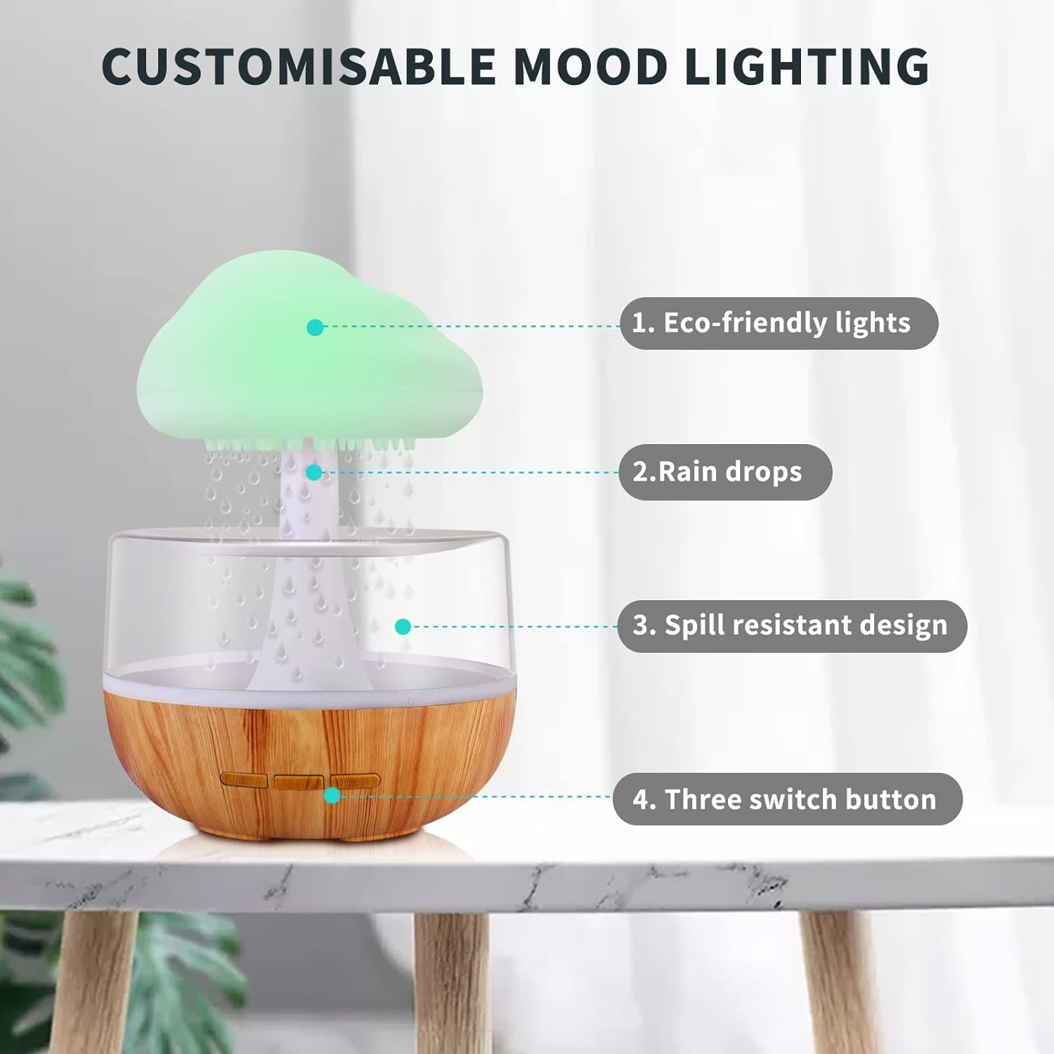 Rain Cloud Night Light Humidifier with Raining Water Drop Sound Oil Diffuser for Bedroom