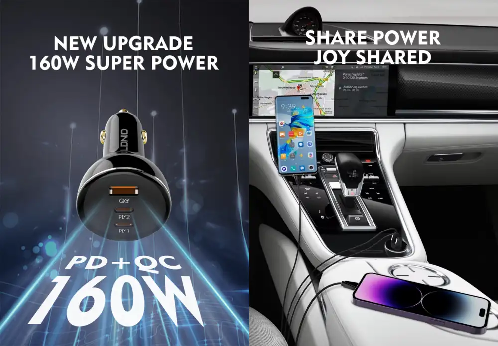 LDNIO C102 160W Trio Port Car Charger with 100W C To C Cable