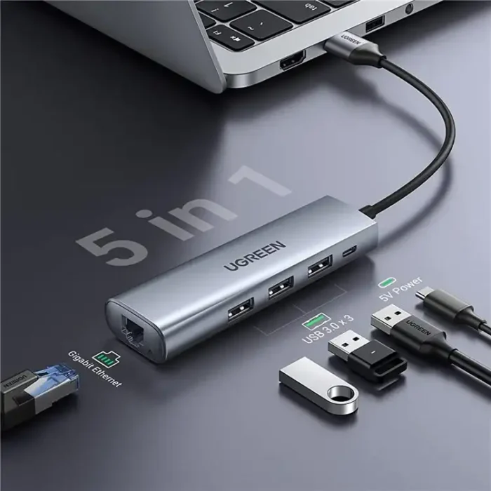 UGREEN 20915 USB Hub 3-Port USB 3.0 Hub 5V Power Port with RJ45