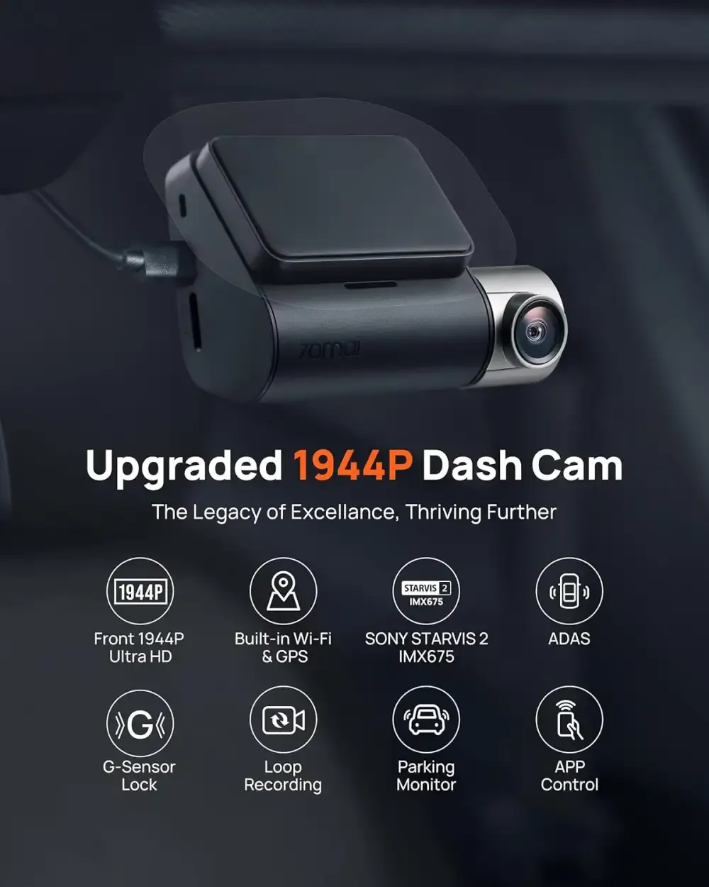 70Mai Dash Cam A510 4G Dual Channel Dash Camera front & back Set